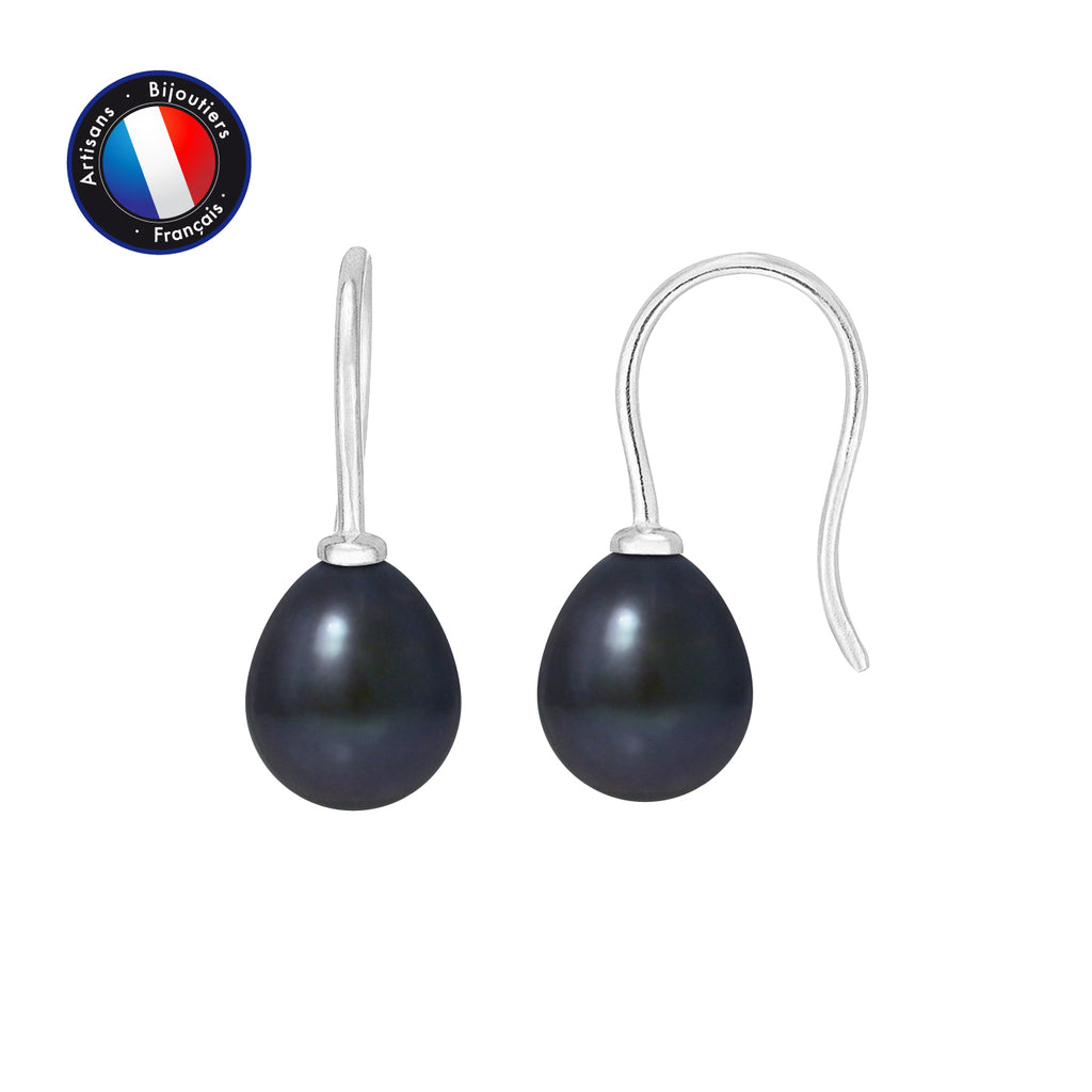 Boucle d'Oreilles en Or Blanc 9 Carats avec Perles de Culture Noire.