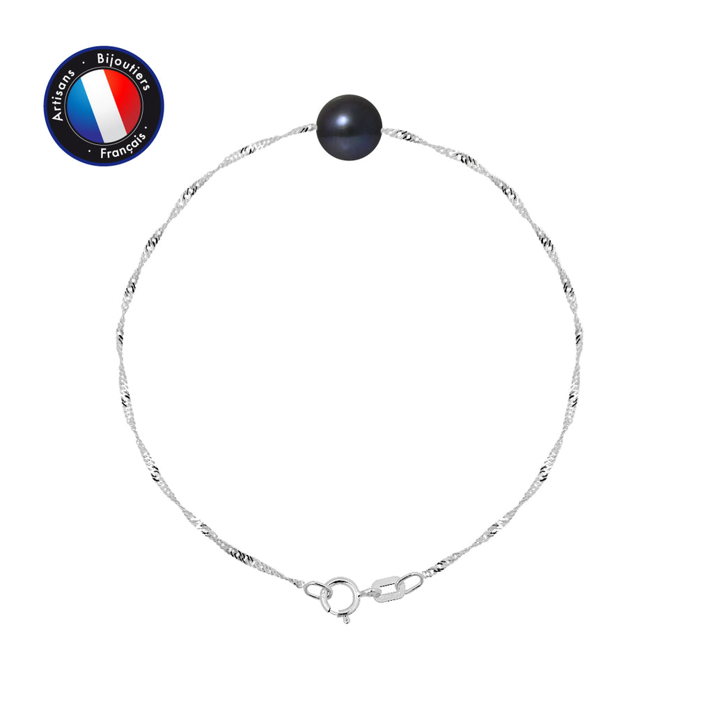 Bracelet en Or Blanc 9 Carats avec Perle de Culture Noire.