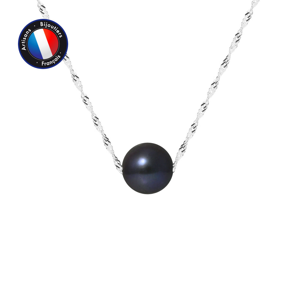 Collier en Or Blanc 9 Carats avec Perles de Culture Noire