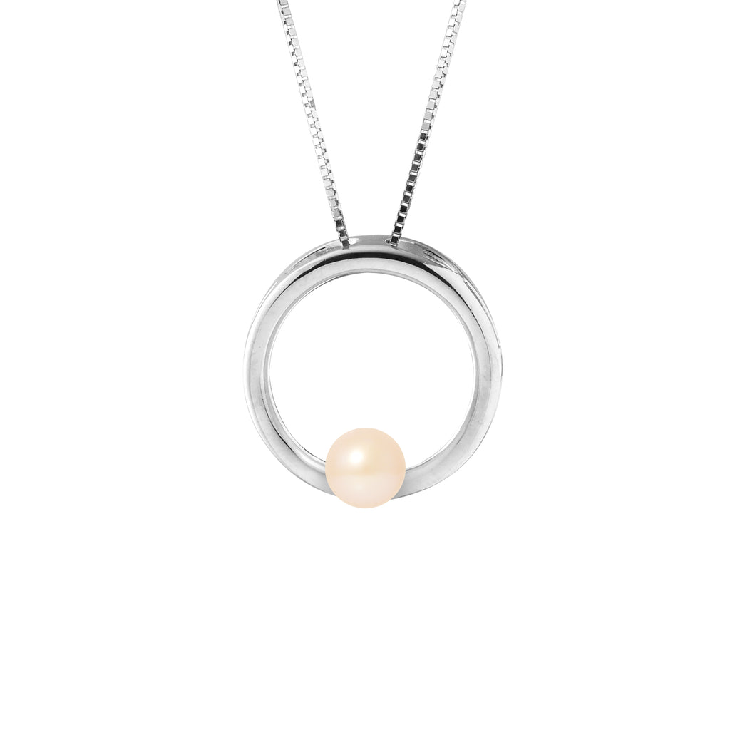 Collier Circle- Perle de Culture d'Eau Douce - Diamètre 6-7  mm  Rose - Argent 925 Millièmes