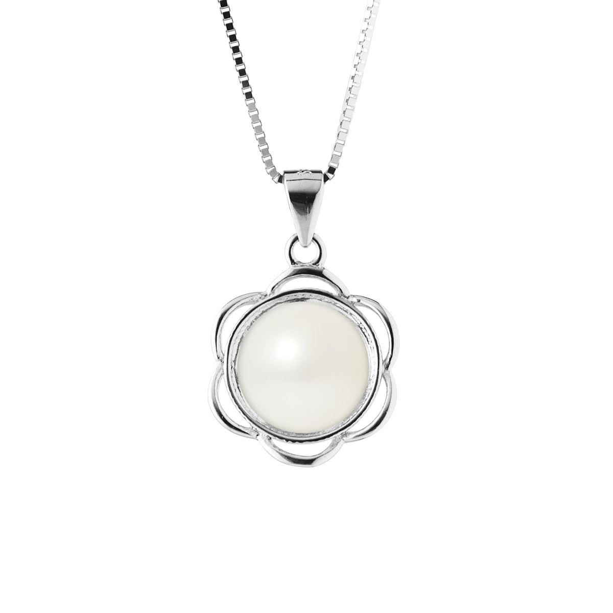 Collier Fleur- Perle de Culture d'Eau Douce  Bouton 8-9 mm Blanche - Argent 925 Millièmes