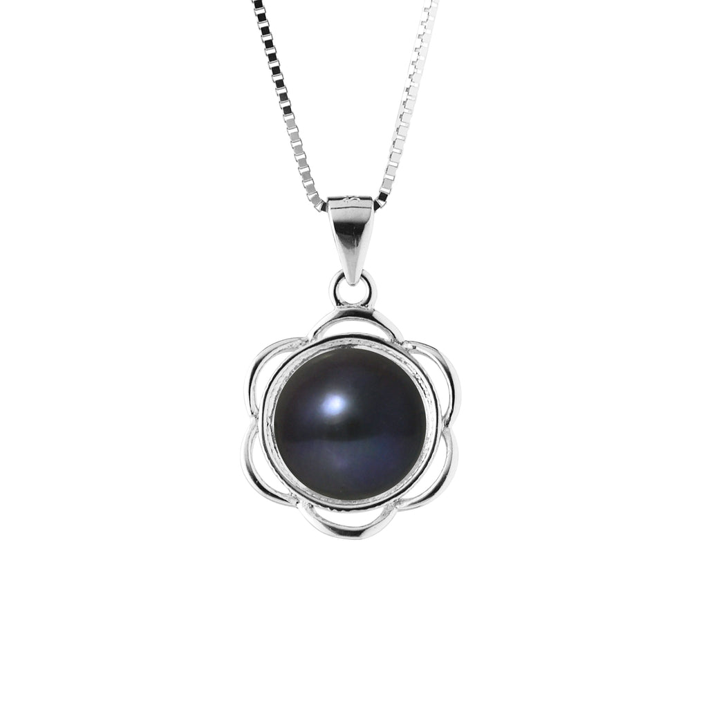 Collier Fleur- Perle de Culture d'Eau Douce  Bouton 8-9 mm Noire - Argent 925 Millièmes