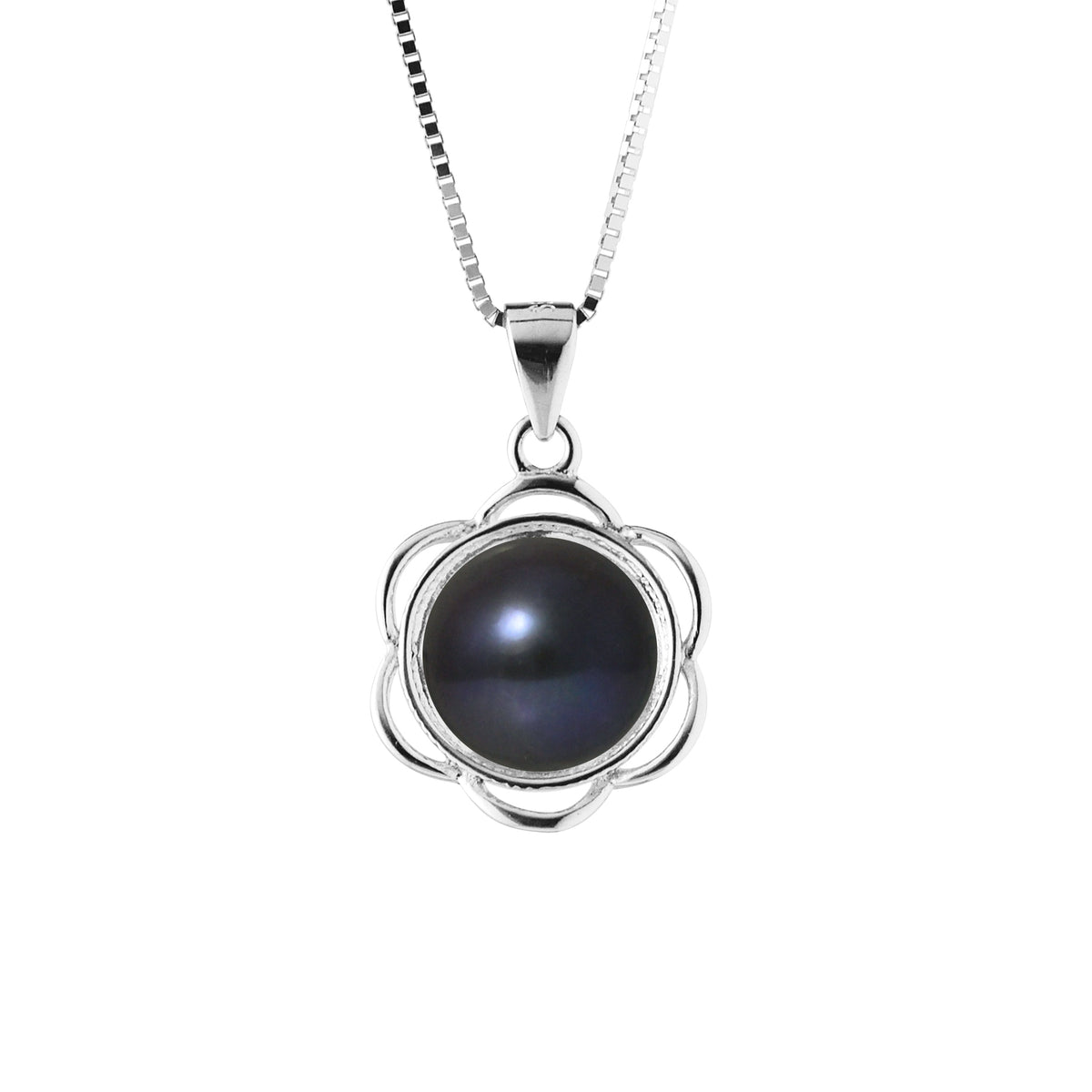 Collier Fleur- Perle de Culture d'Eau Douce  Bouton 8-9 mm Noire - Argent 925 Millièmes