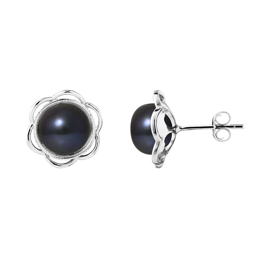 Boucles d'Oreilles Fleur en Argent 925/1000 avec Perles de Culture Noire