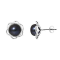 Boucles d'Oreilles Fleur en Argent 925/1000 avec Perles de Culture Noire