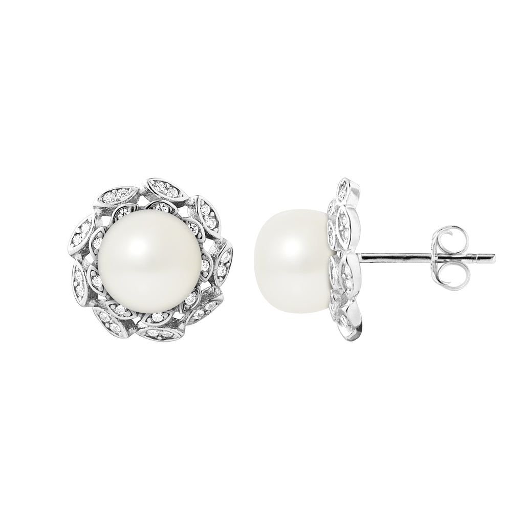 Boucles d'Oreilles Corolle en Argent 925/1000 avec Perles de Culture Blanche
