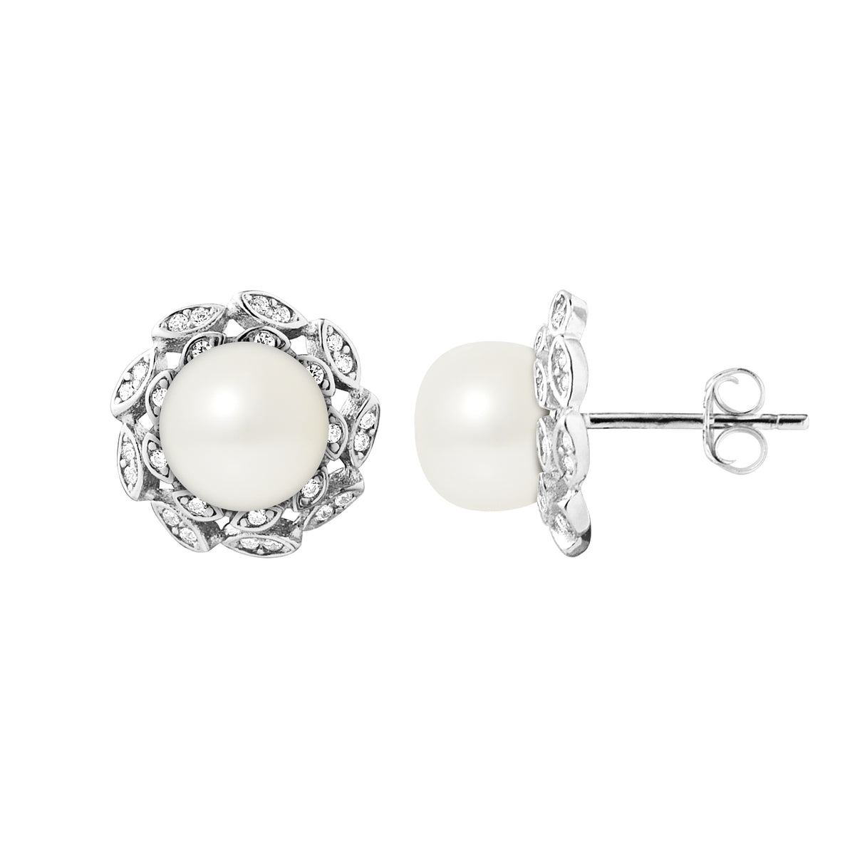 Boucles d'Oreilles Corolle en Argent 925/1000 avec Perles de Culture Blanche