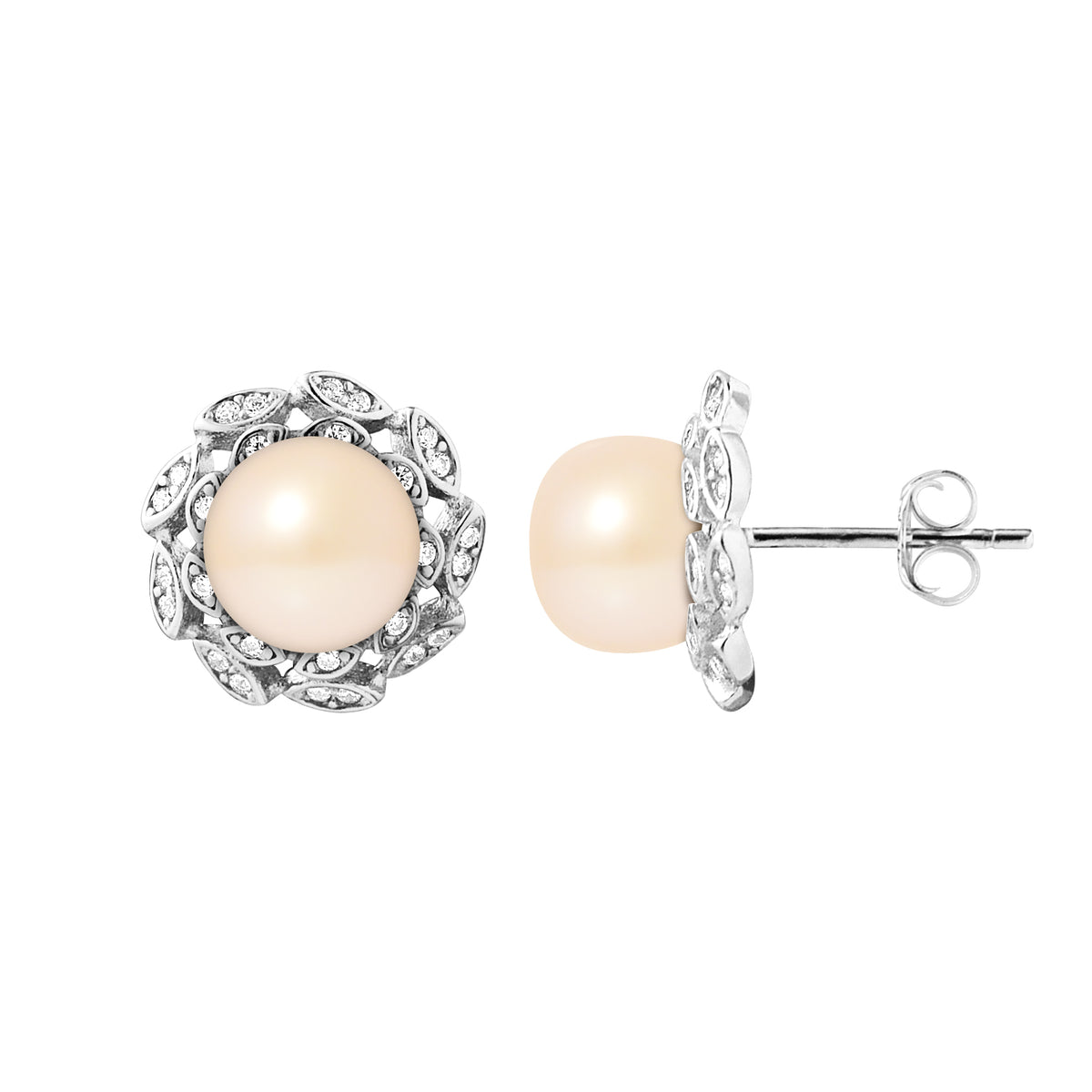 Boucles d'Oreilles Corolle en Argent 925/1000 avec Perles de Culture Rose