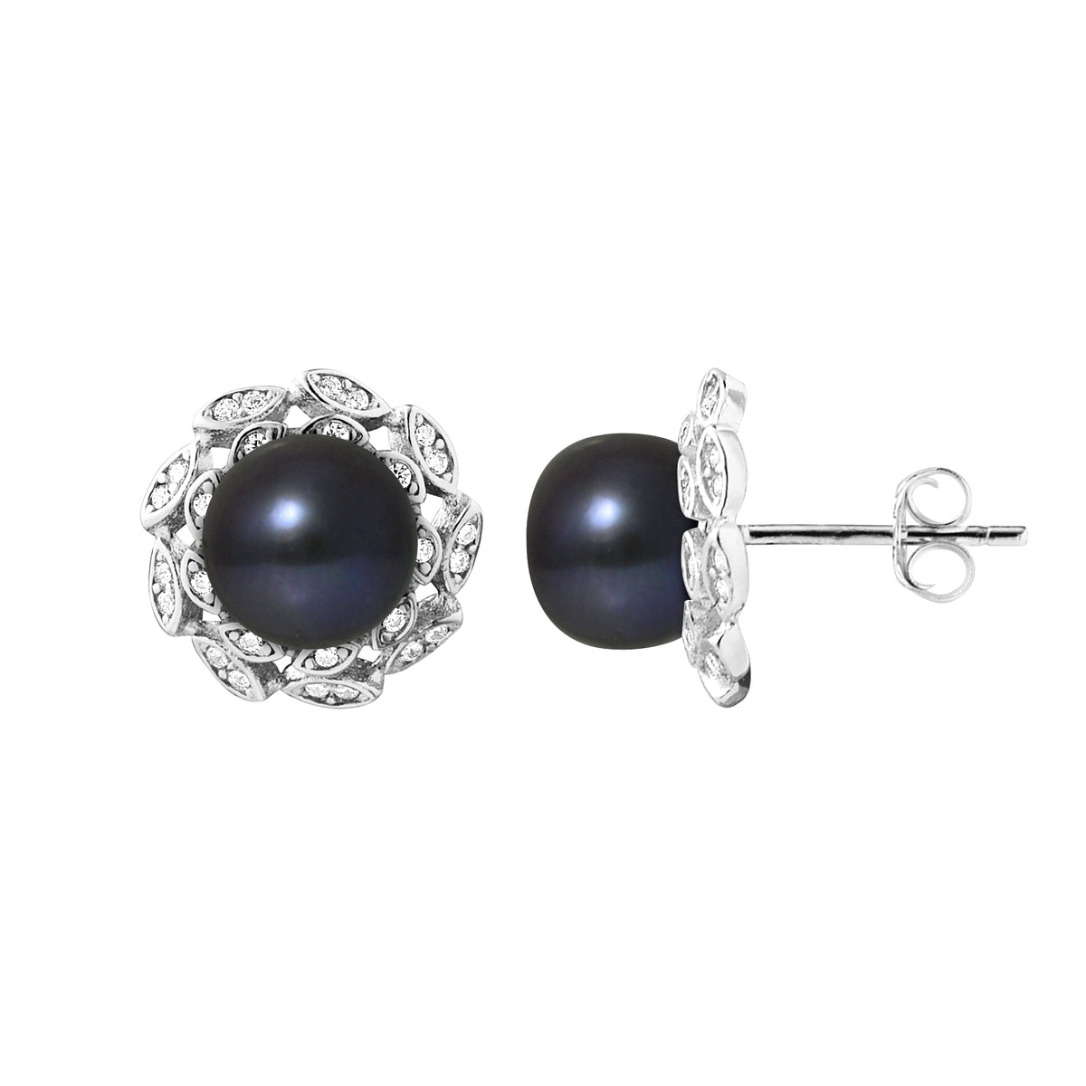 Boucles d'Oreilles Corolle en Argent 925/1000 avec Perles de Culture Noire