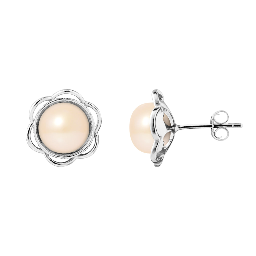 Boucles d'Oreilles Fleur en Argent 925/1000 avec Perles de Culture Rose