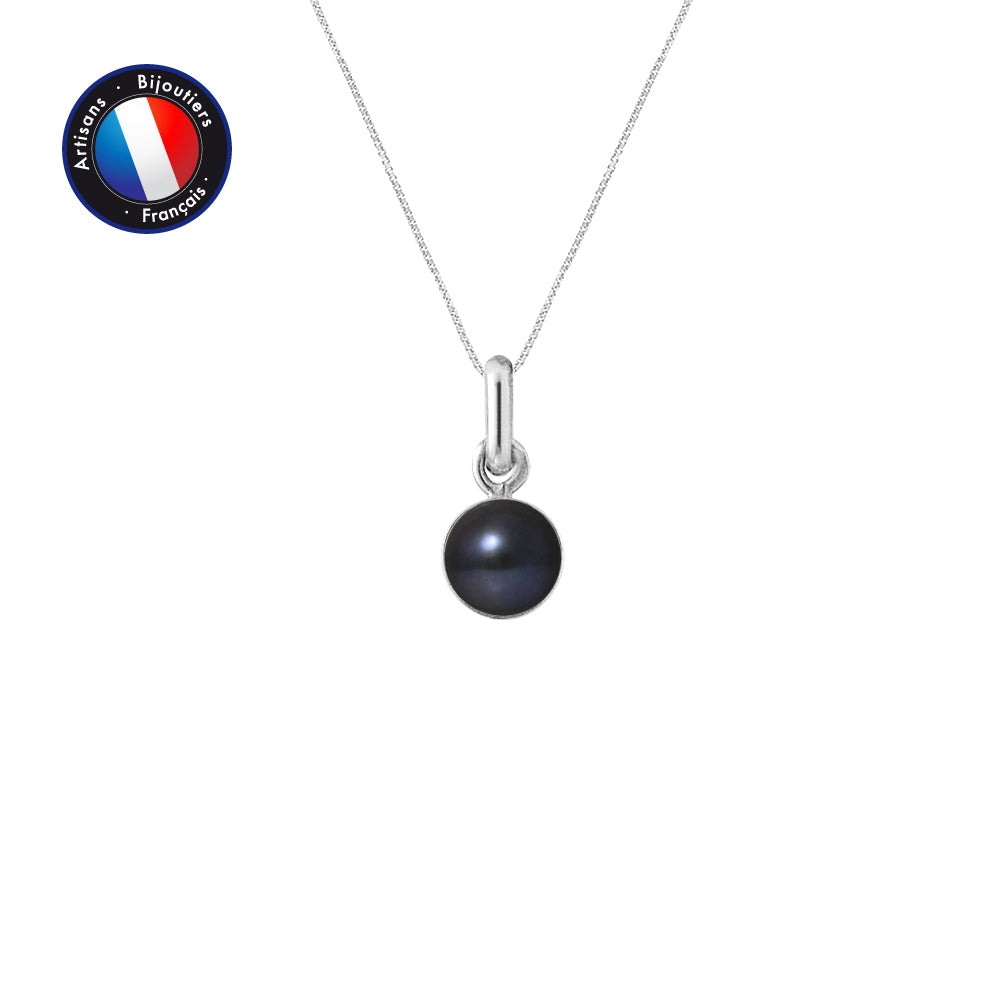 Pendentif Bélière avec Perle de Culture Noir et collier en Or Blanc 9 carats inclus