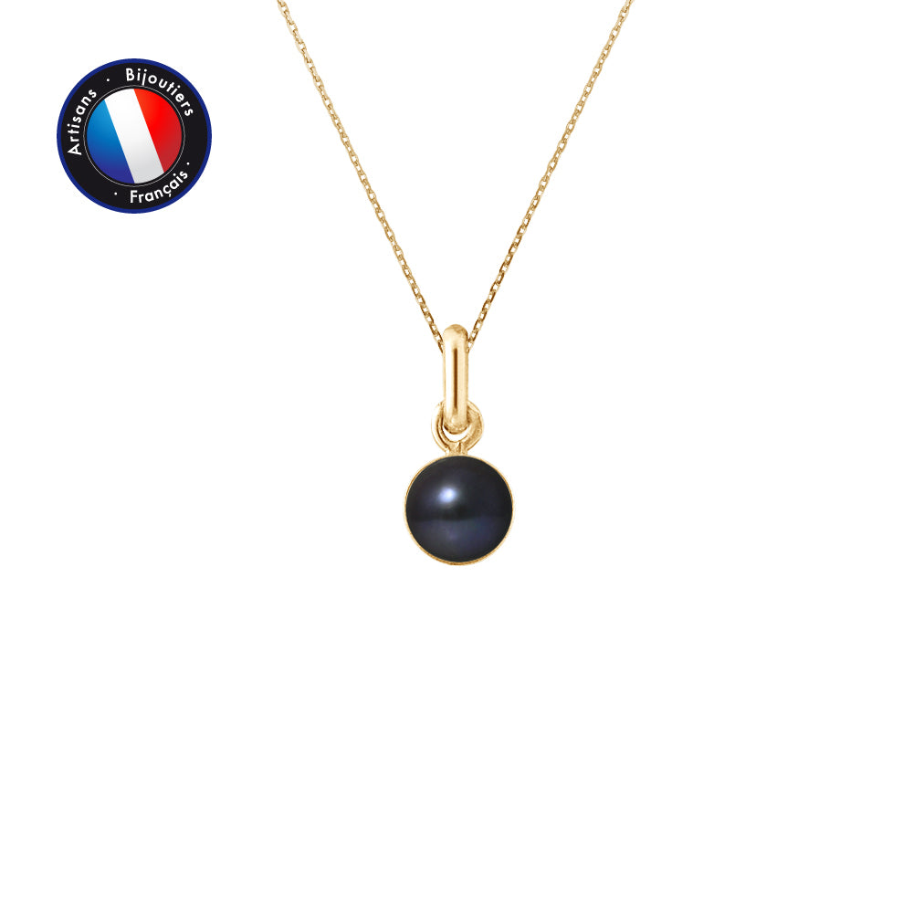 Pendentif Bélière avec Perle de Culture Noire, Chaine en Or Jaune 9 Carats inclus.