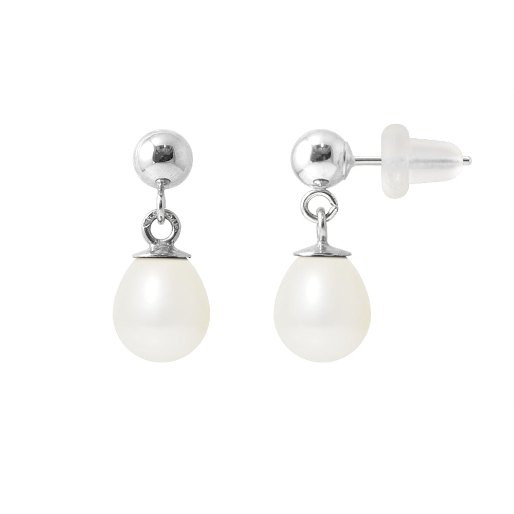 Boucle d'Oreilles en Or Blanc 9 Carats avec Perles de Culture Blanche
