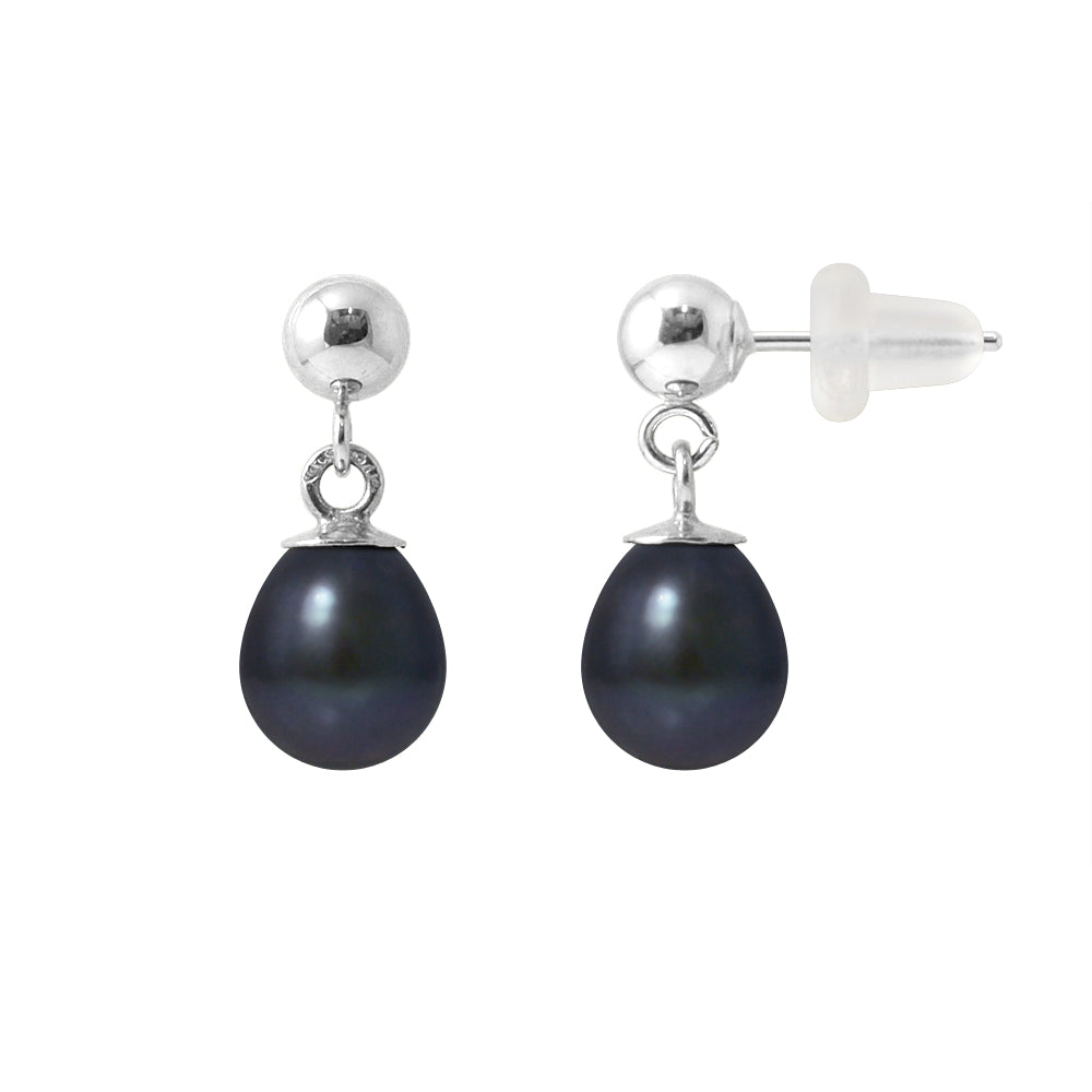 Boucle d'Oreilles en Or Blanc 9 Carats avec Perles de Culture Noire