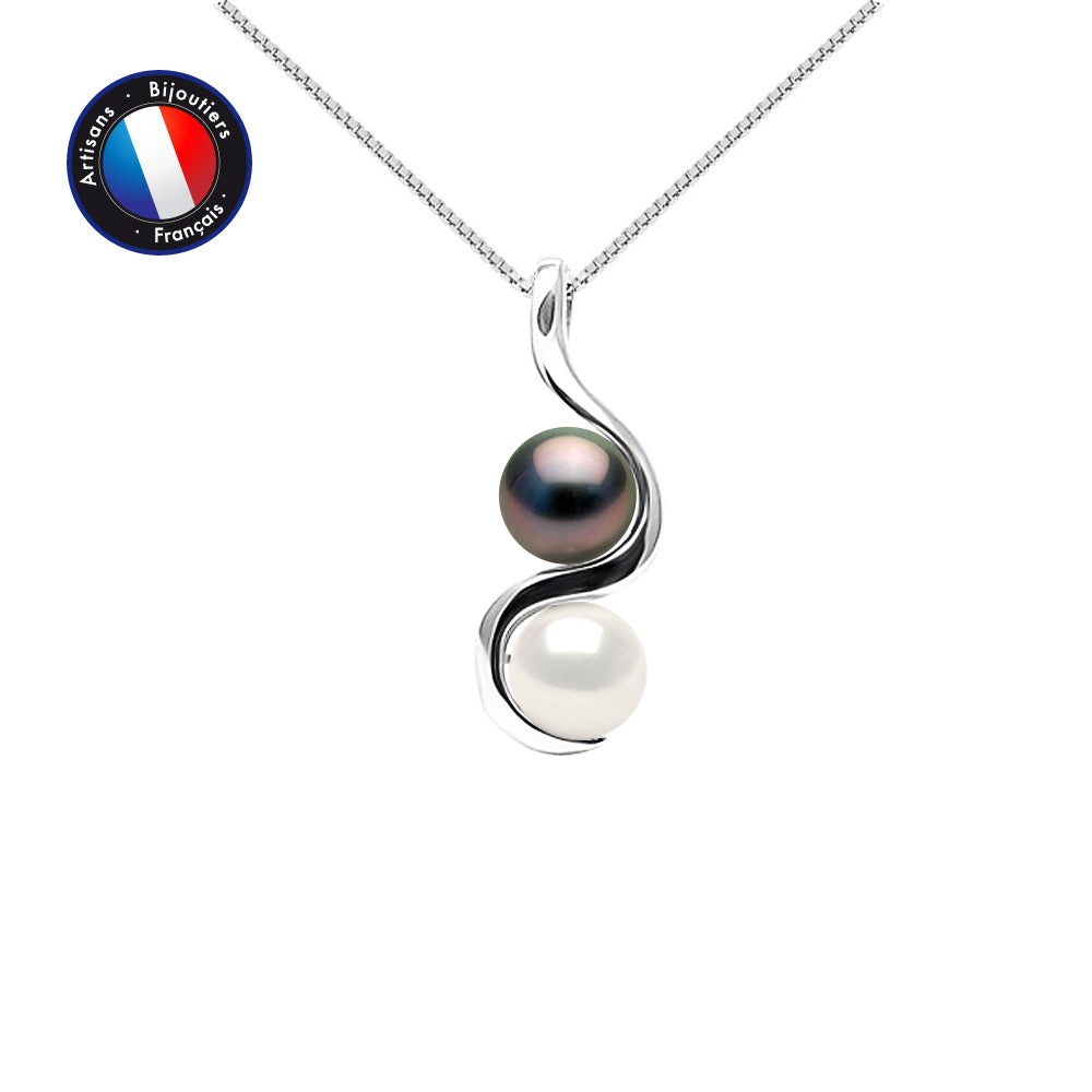 Collier Toi & Moi  en Argent 925/1000 avec Perle de Tahiti et perle d'eau douce blanche.